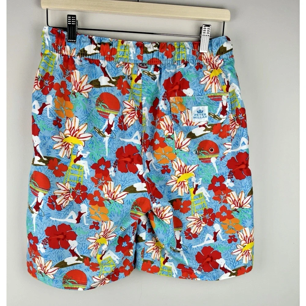 Peter Millar Mens M Floral Swim Trunks Blue Tropical Board Shorts Mesh Lined